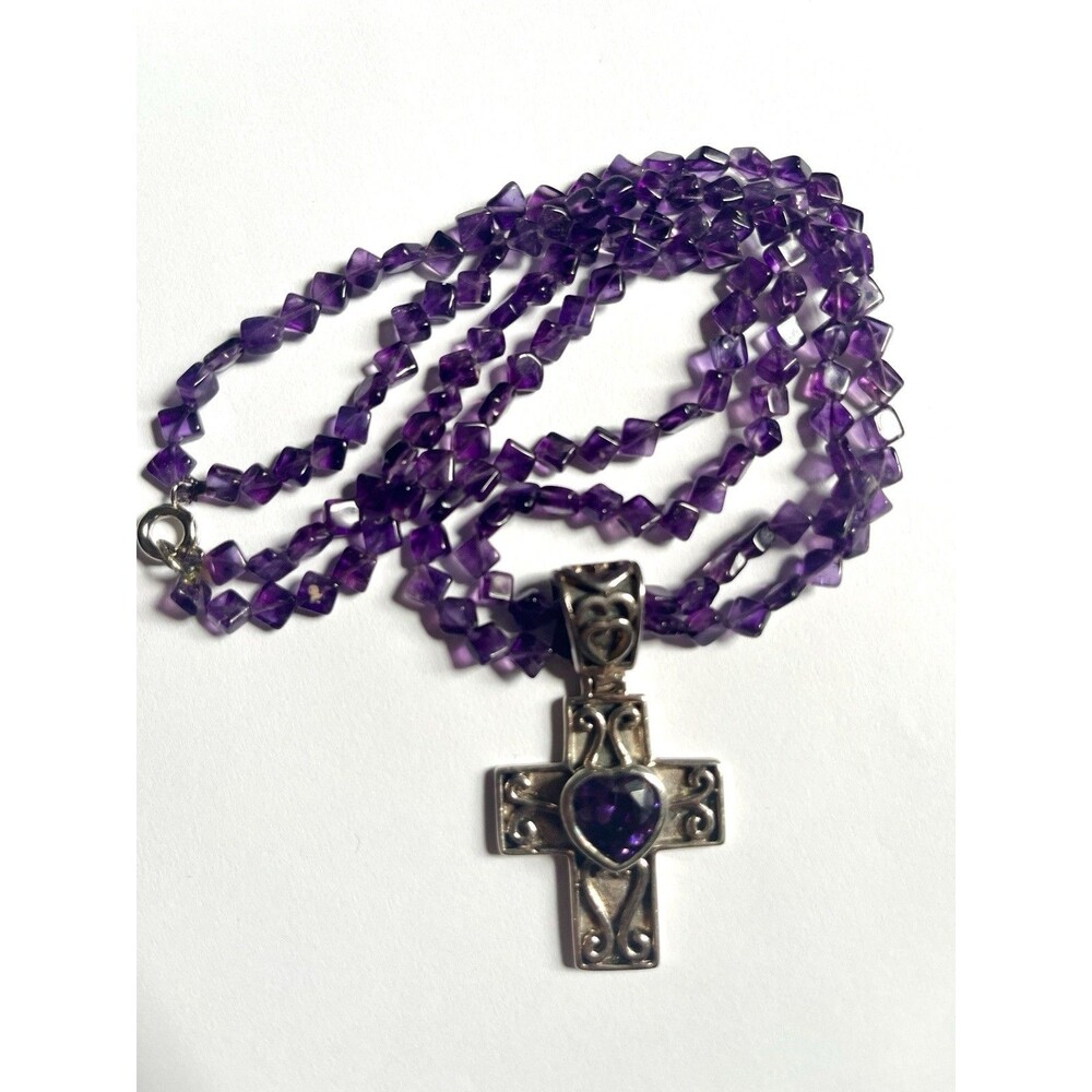 Amethyst Bead Choker Necklace 925 THAI Sterling Silver Cross Heart Purple Stone